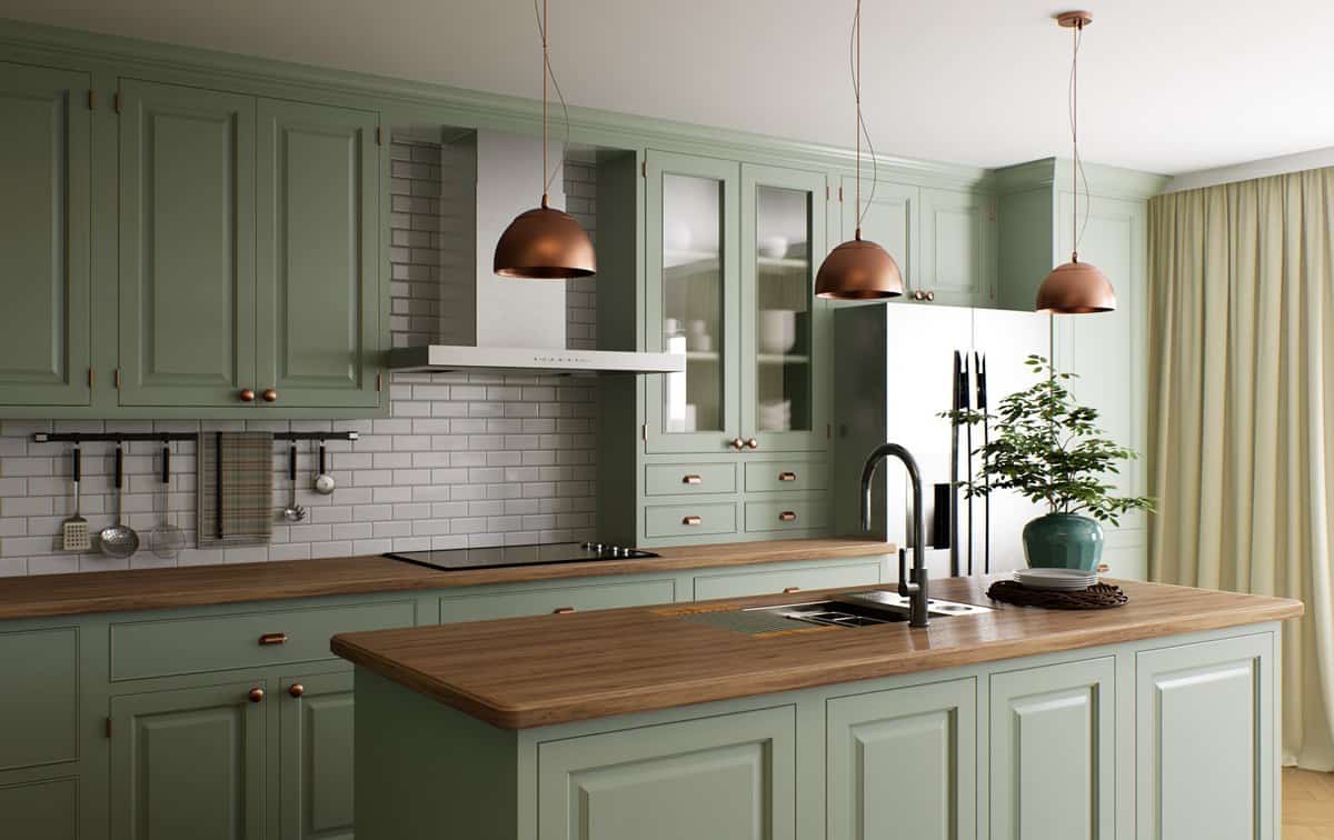 green cabinets in a small kitchen