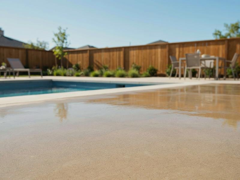 Concrete patio with a clear, UV-stable polyaspartic coating and a smooth glossy finish, installed by Lagunas Painting in the Treasure Valley, Idaho