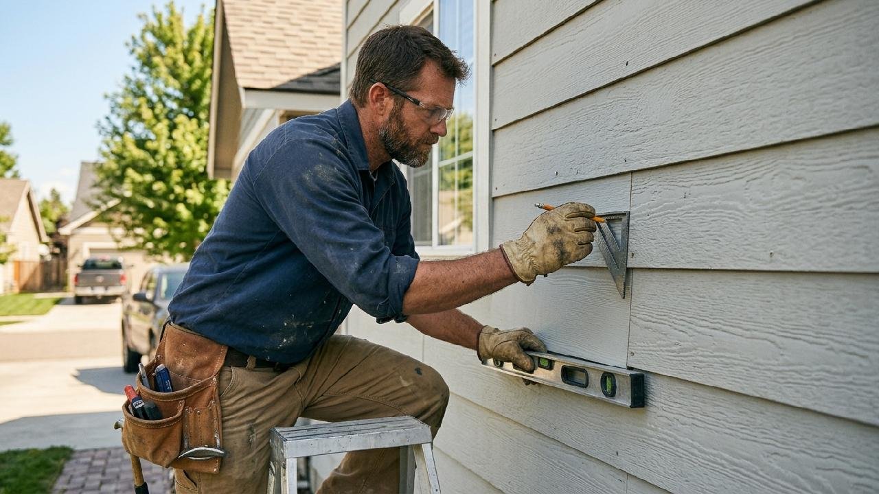 Contractor replacing a damaged section of TruLap lap siding on a home exterior in the Treasure Valley, Idaho, by Lagunas Painting