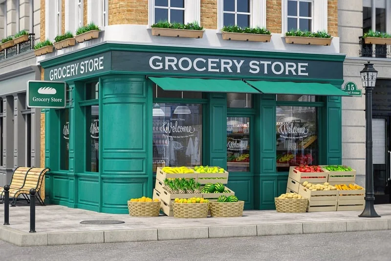 Green painted retail storefront of a grocery store by Lagunas Painting in Idaho