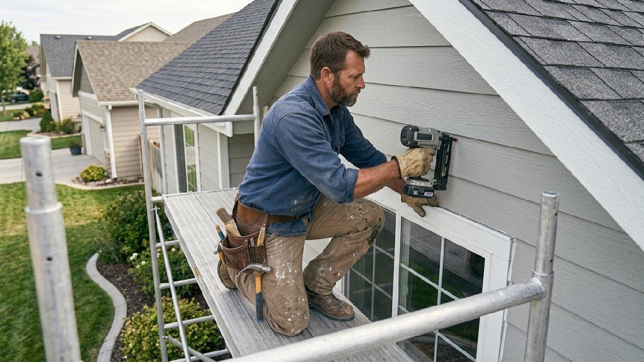 Contractor repairing rotted wood trim on the fascia and roofline of a home exterior in the Treasure Valley, Idaho, by Lagunas Painting