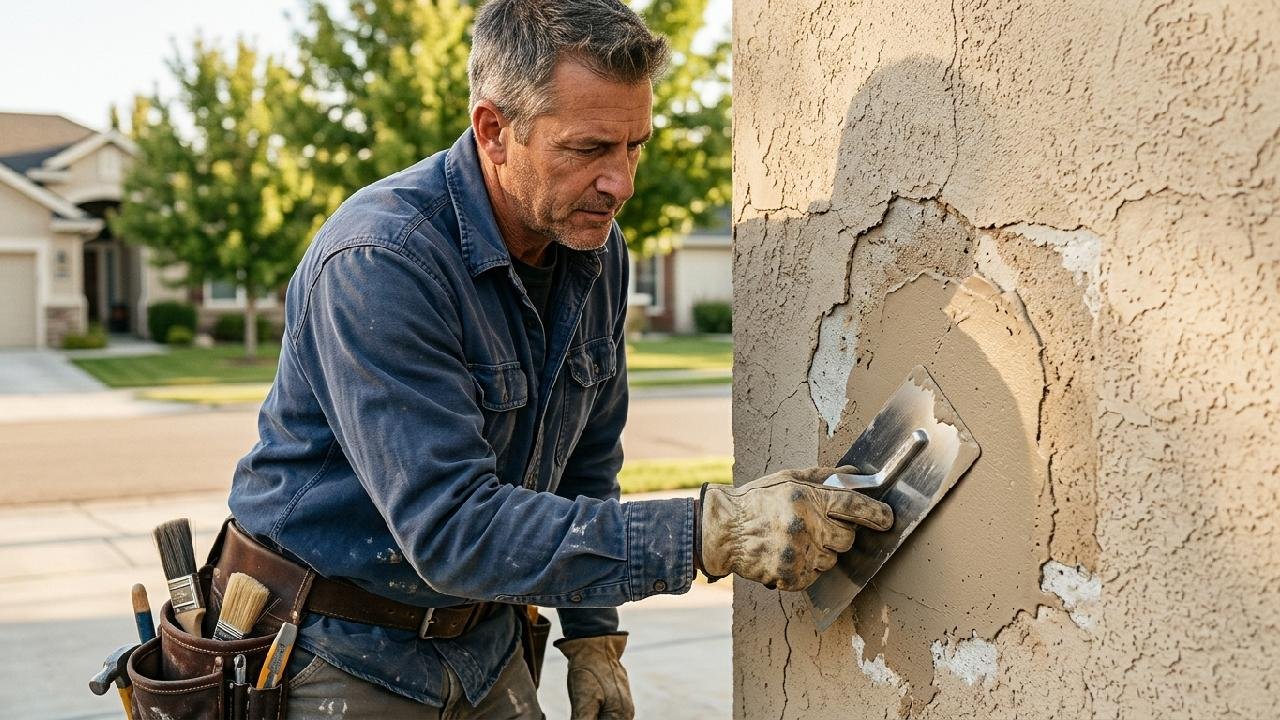 Contractor patching and refinishing a cracked stucco wall on a home exterior in the Treasure Valley, Idaho, by Lagunas Painting