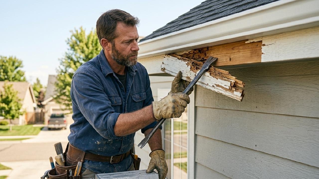 Contractor repairing rotted wood trim on the fascia and roofline of a home exterior in the Treasure Valley, Idaho, by Lagunas Painting