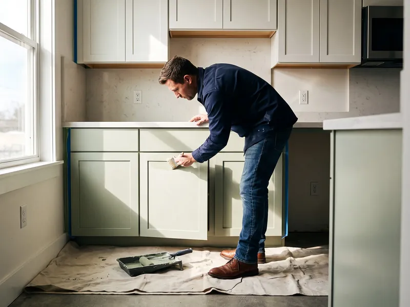 Cabinet colors for small kitchens: painter brushing sage green lower cabinets under soft white uppers in a bright kitchen