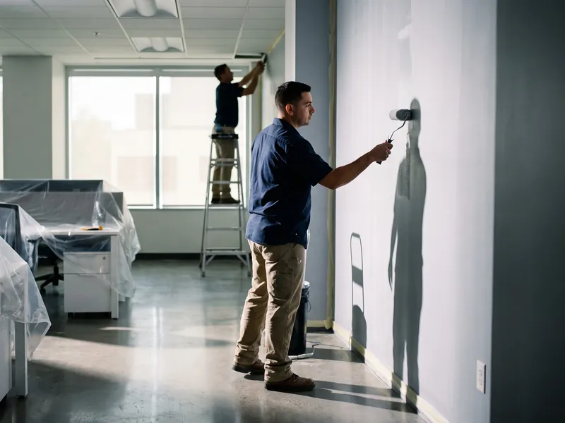 Commercial painting in Boise: painters rolling new paint on office walls with desks covered so the business can stay open