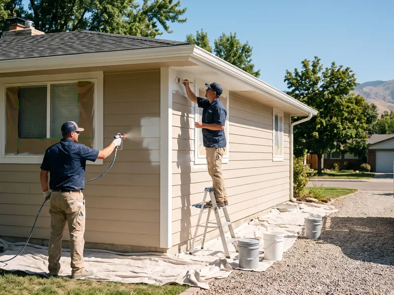 Cost to paint a house in Boise: painting crew spraying siding and brushing trim on a ranch home with the windows masked