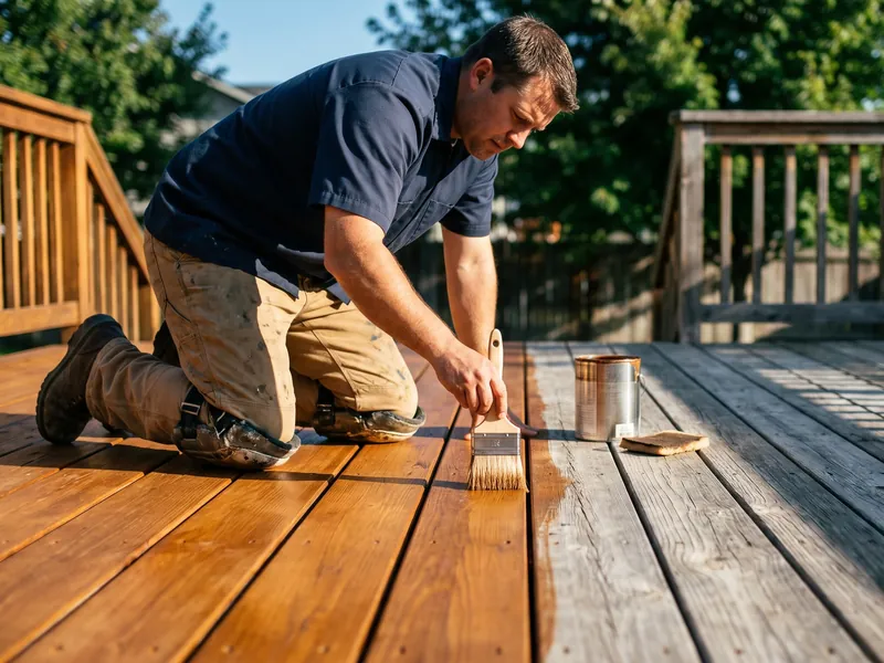 Deck staining in Idaho: contractor brushing cedar-tone stain onto deck boards, half stained and half weathered gray