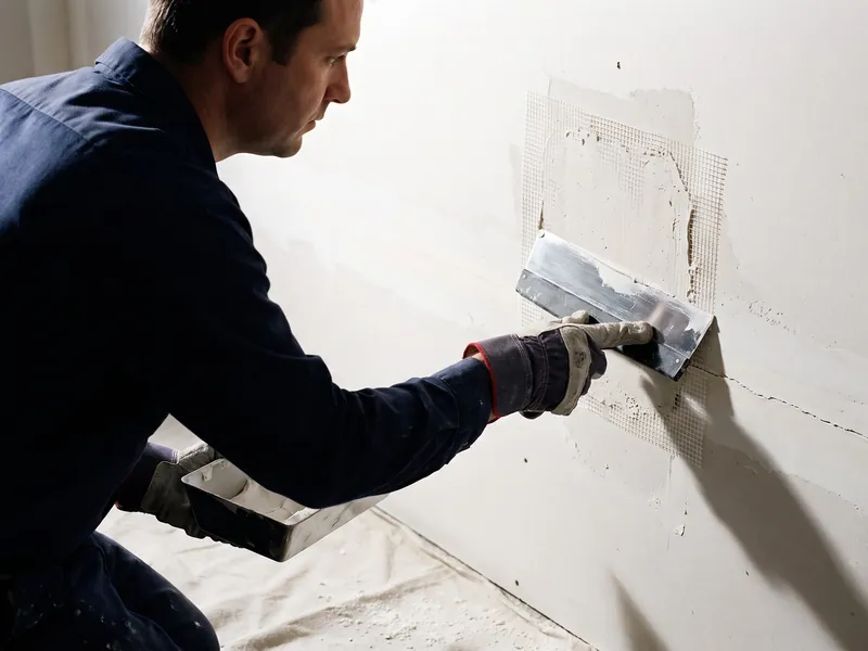 Drywall repair: contractor applying joint compound over a mesh patch and a cracked seam on an interior wall in an Idaho home