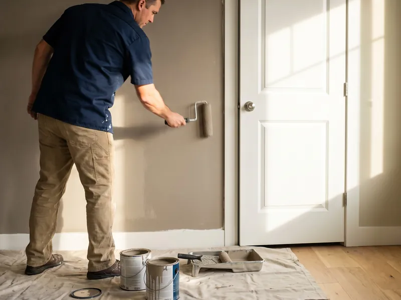 Eggshell vs satin paint: painter rolling an eggshell finish on a living room wall beside white door trim in satin sheen