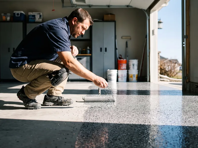 Epoxy garage floor coating: contractor broadcasting color flakes onto fresh epoxy next to bare concrete in an Idaho garage