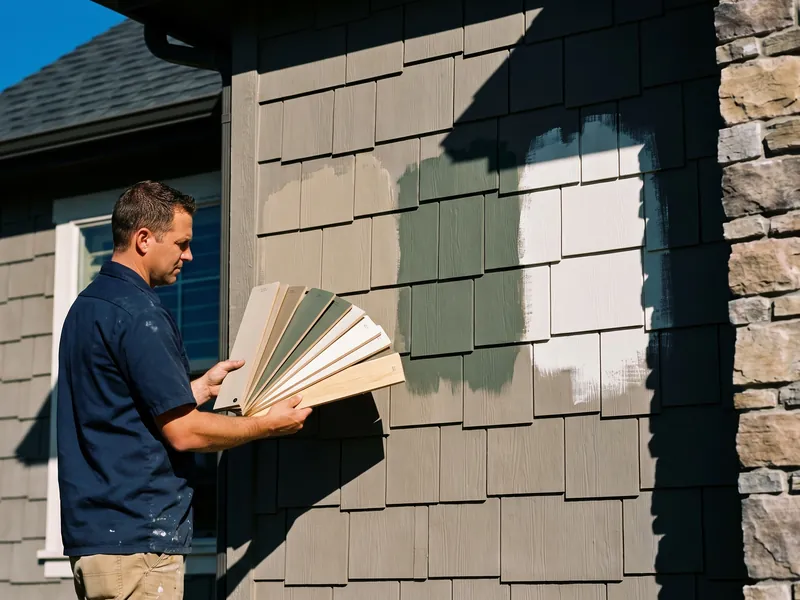 Exterior house painting colors: painter holding color swatches by test patches on a Boise home's siding with stone accents