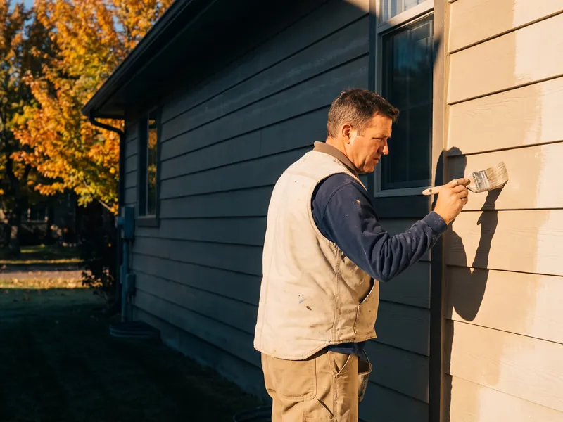 Exterior paint temperature: painter brushing siding on the sunny side of an Idaho home on a cool autumn morning