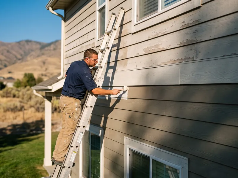 How often to paint a house exterior: painter on a ladder repainting faded, peeling lap siding on an Idaho home