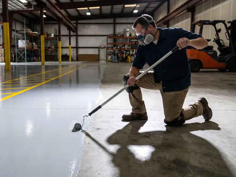 Industrial floor coating being applied: contractor rolling epoxy over prepped warehouse concrete next to yellow OSHA safety striping